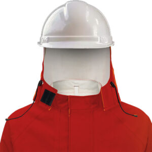 RED GORE-TEX Chemical Hood Worn Inside Hardhat